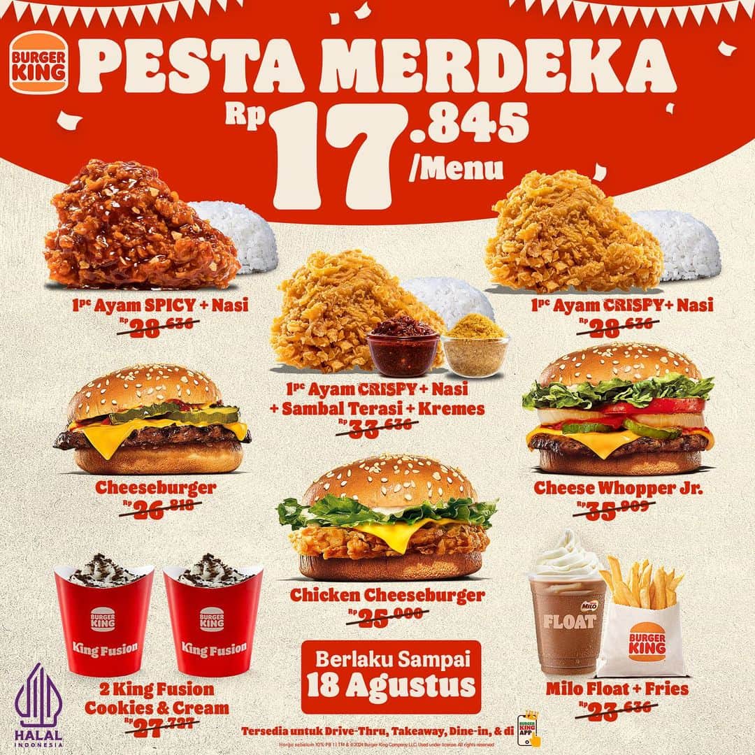 Promo Burger King Jogja Agustus 2024 Sambut Kemerdekaan, Nasi Ayam Atau Burger Seharga Rp 17.845