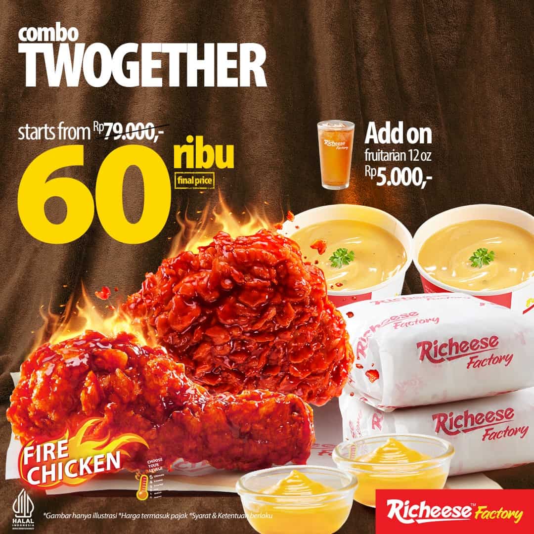 Promo Richeese Factory Jogja September 2024 Terbaru, 2 Fire Chicken, 2 Nasi dan 2 Cheesy Cream Soup Seharga Rp 60 Ribu