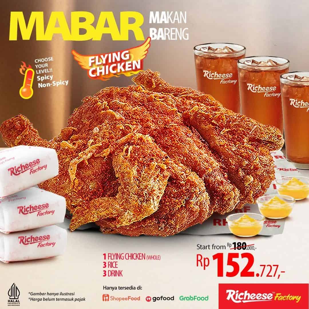 Promo Richeese Factory Jogja September 2024 Terbaru: 1 Flying Chicken Whole, 3 nasi, 3 Fruitarian dan Cheese Sauce Seharga Rp 152 Ribu