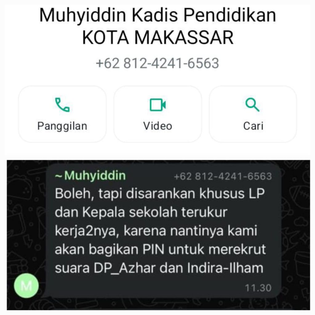 Beredar tangkapan layar dari Grup WhatsApp Kadisdik Makassar ajak dukung Calon Gubernur, Bawaslu diminta Usut..!!!