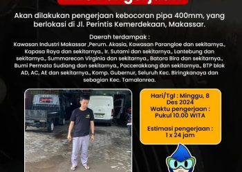 PDAM Makassar informasikan telah terjadi kebocoran pipa di Jalan Perintis Kemerdekaan, ini wilayah terdampak..!!